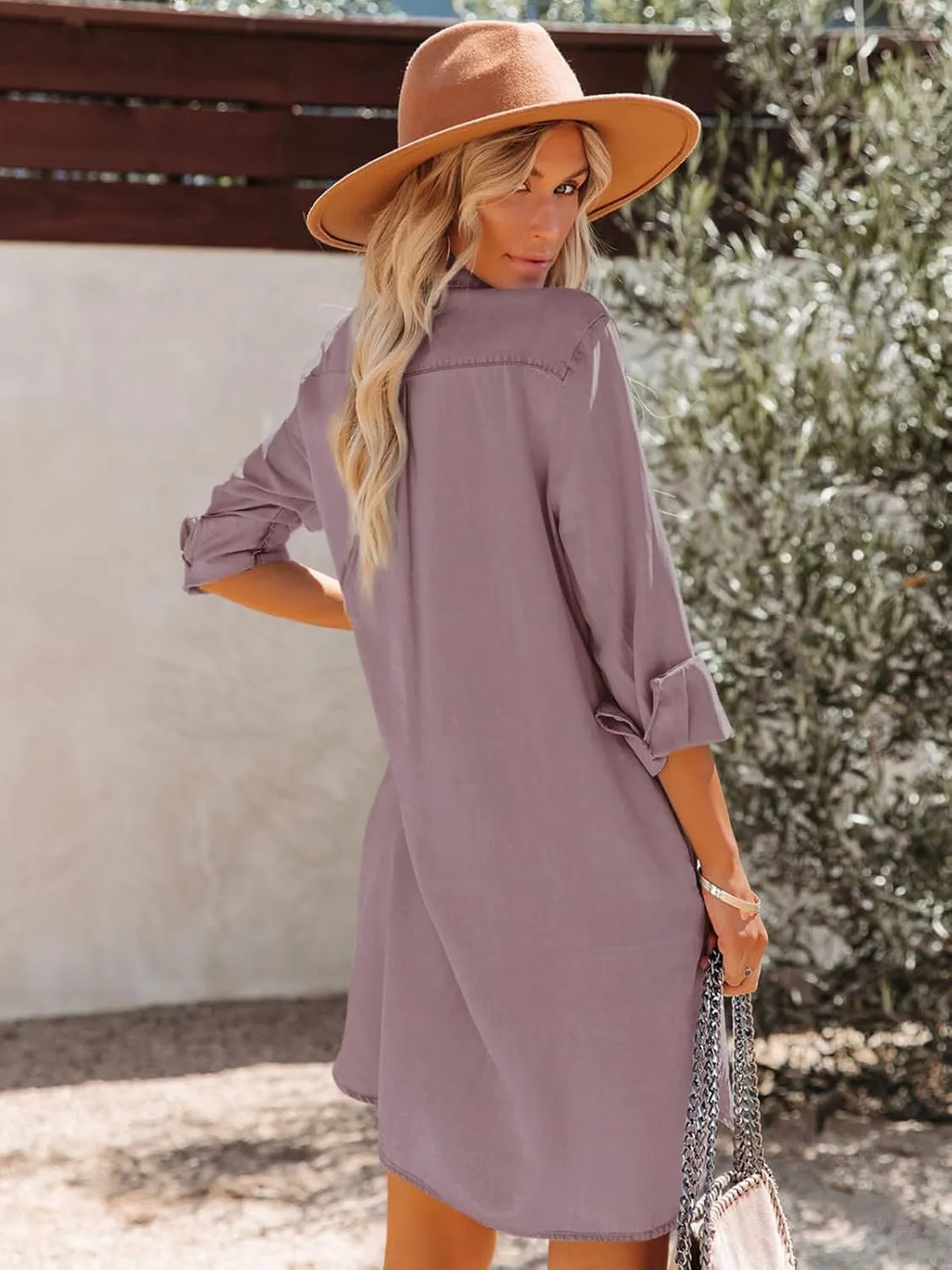 Women's Chambray Button Down Shirt Dresses with Pockets Denim Cotton Button Up Tunics Long Sleeve Solid Blouse Tops
