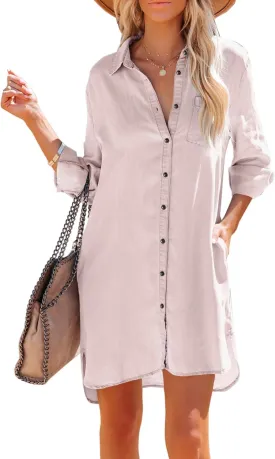 Women's Chambray Button Down Shirt Dresses with Pockets Denim Cotton Button Up Tunics Long Sleeve Solid Blouse Tops