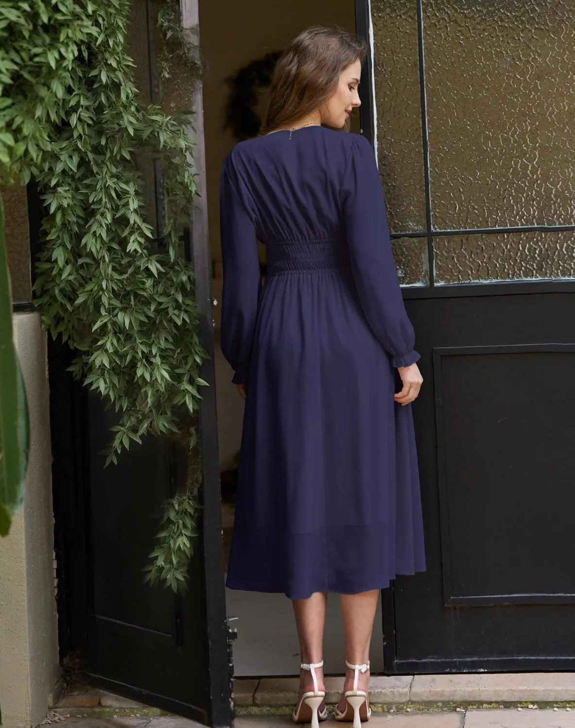 Women's Chiffon Long Sleeve Flowy Dress Spring 2025 Casual V Neck Smocked Waist Midi Dresses with Pockets
