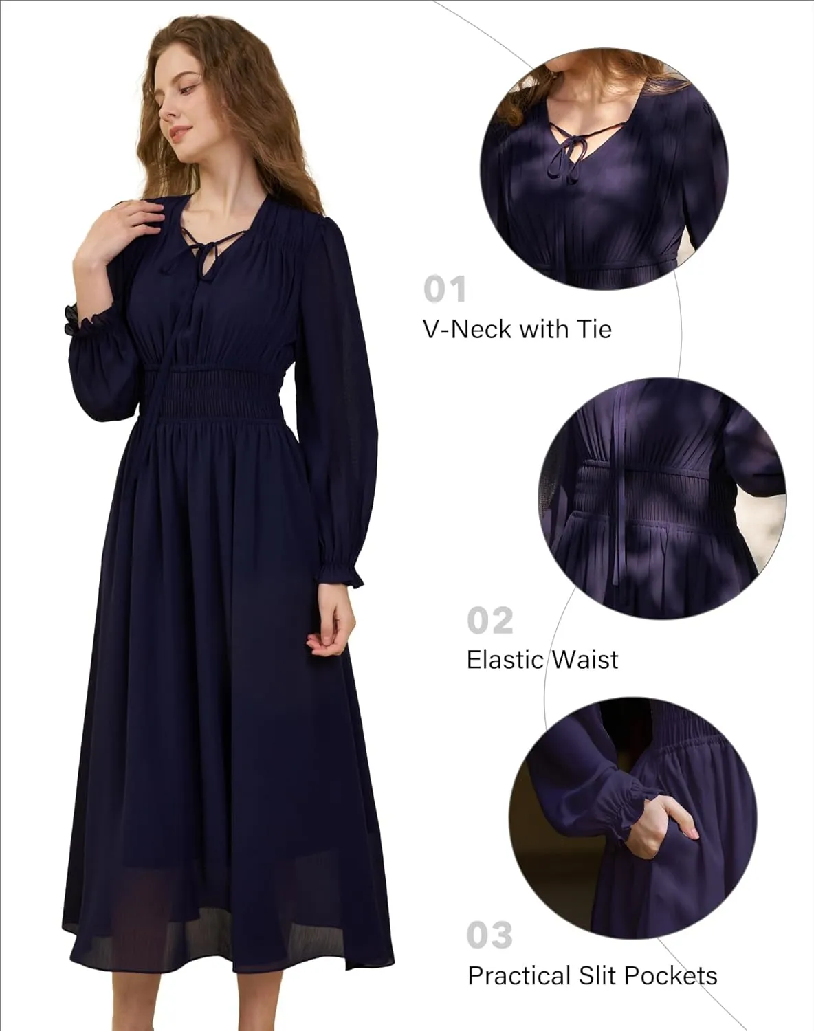 Women's Chiffon Long Sleeve Flowy Dress Spring 2025 Casual V Neck Smocked Waist Midi Dresses with Pockets