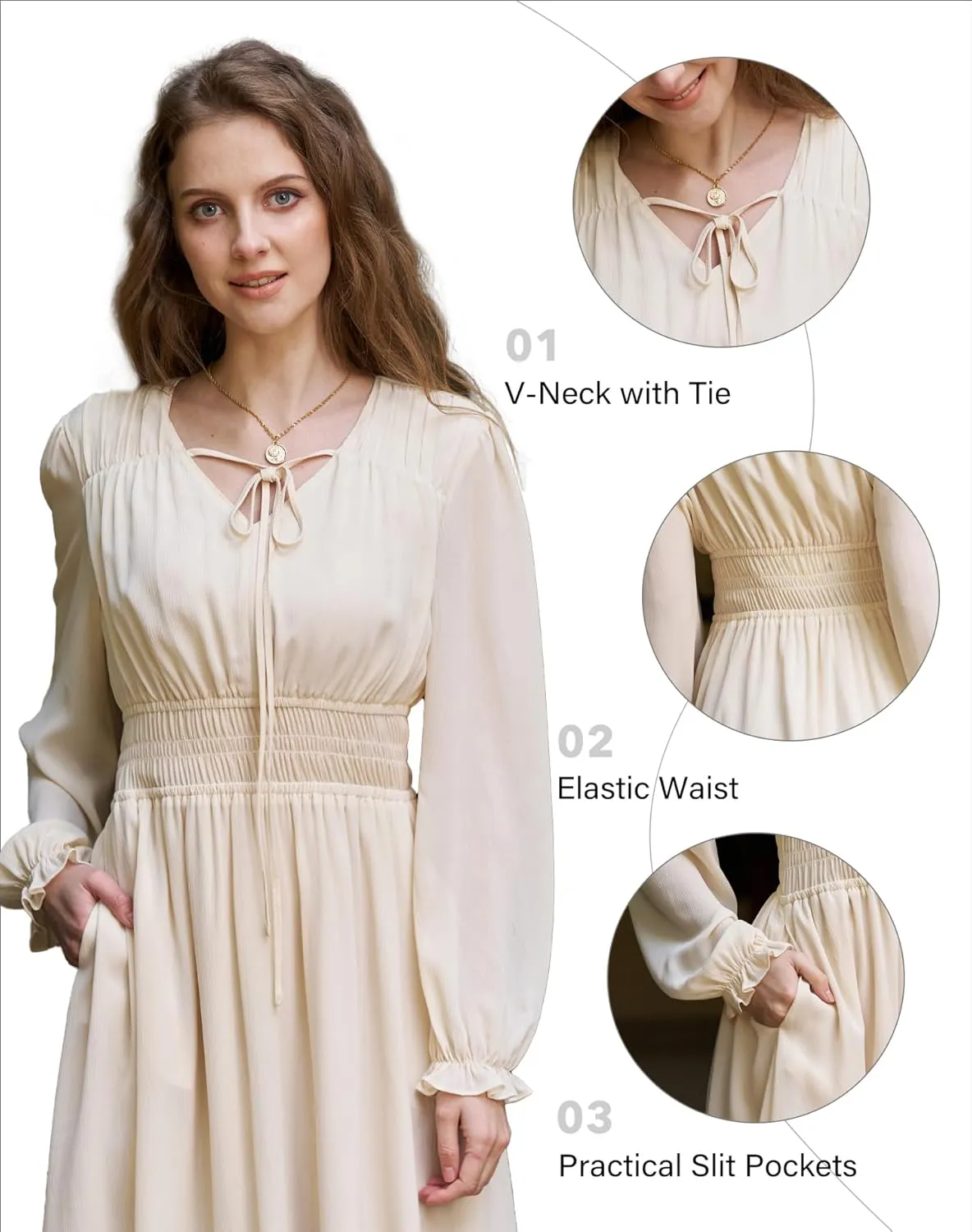 Women's Chiffon Long Sleeve Flowy Dress Spring 2025 Casual V Neck Smocked Waist Midi Dresses with Pockets