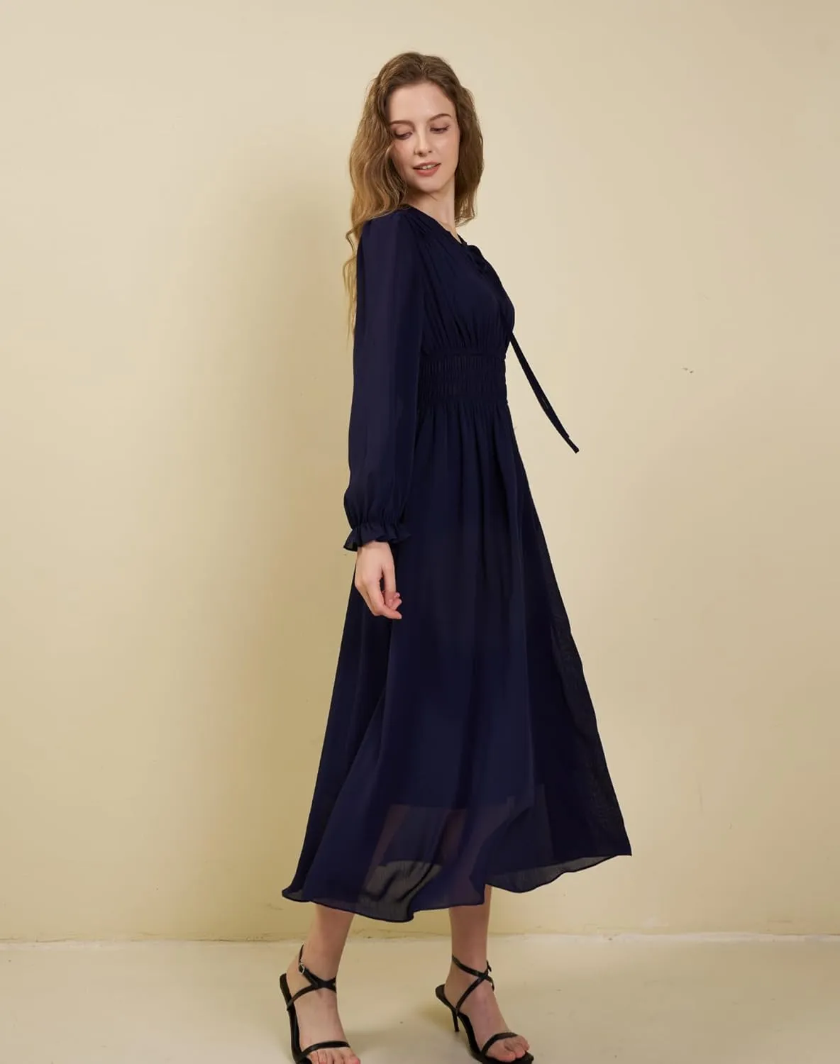 Women's Chiffon Long Sleeve Flowy Dress Spring 2025 Casual V Neck Smocked Waist Midi Dresses with Pockets