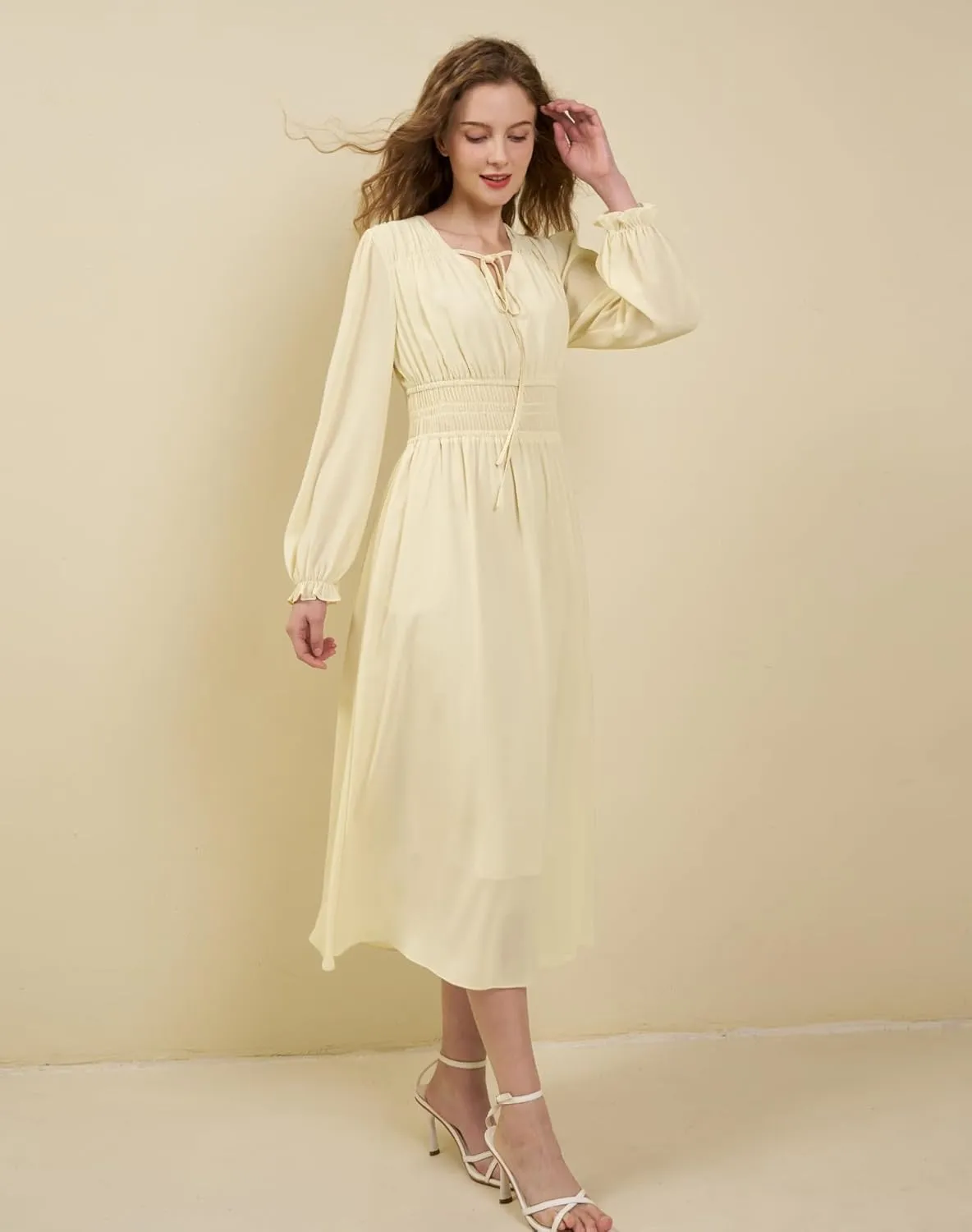 Women's Chiffon Long Sleeve Flowy Dress Spring 2025 Casual V Neck Smocked Waist Midi Dresses with Pockets