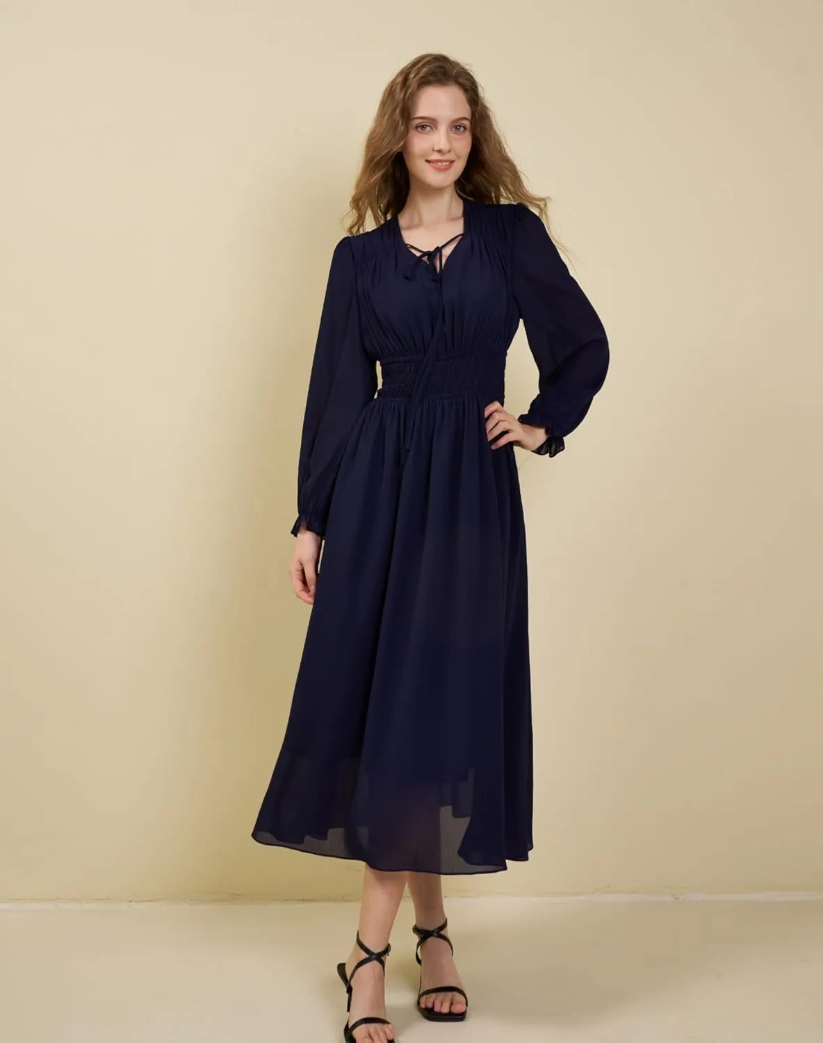 Women's Chiffon Long Sleeve Flowy Dress Spring 2025 Casual V Neck Smocked Waist Midi Dresses with Pockets