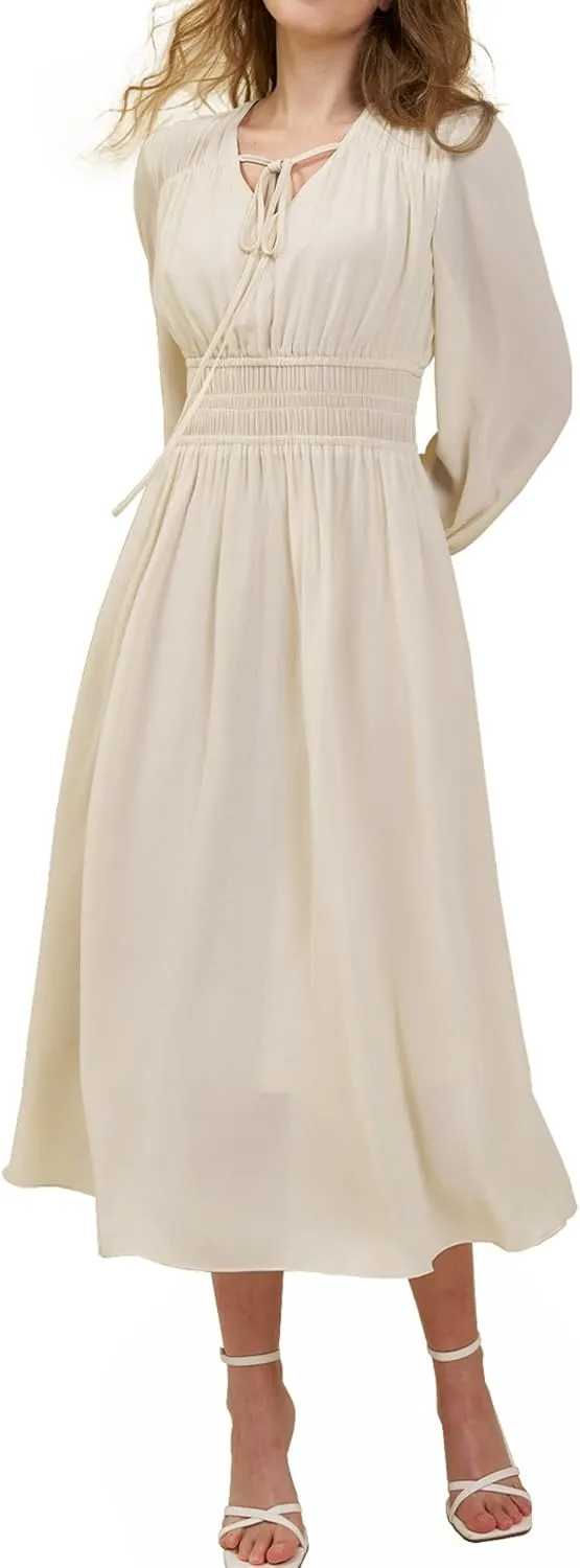Women's Chiffon Long Sleeve Flowy Dress Spring 2025 Casual V Neck Smocked Waist Midi Dresses with Pockets