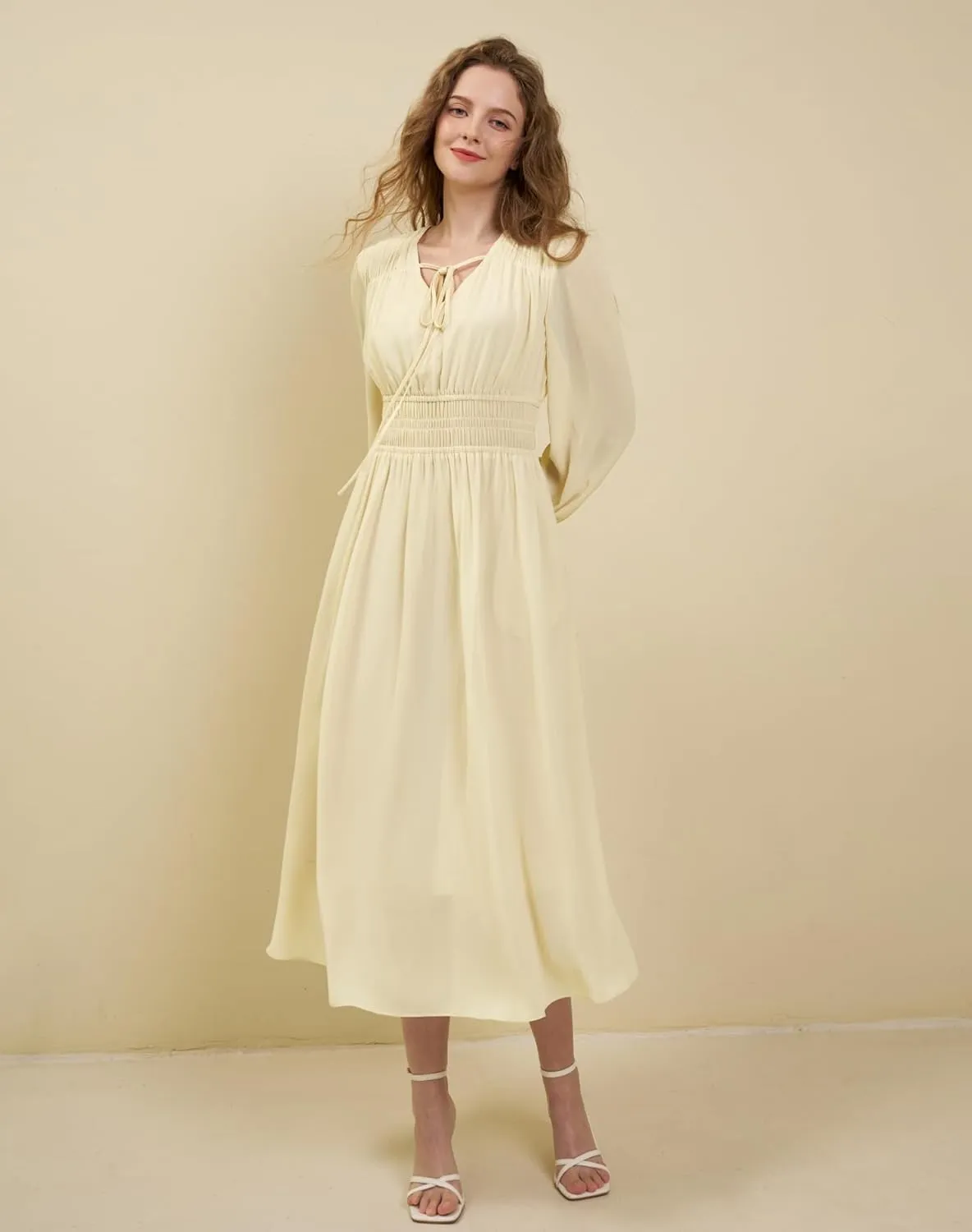 Women's Chiffon Long Sleeve Flowy Dress Spring 2025 Casual V Neck Smocked Waist Midi Dresses with Pockets