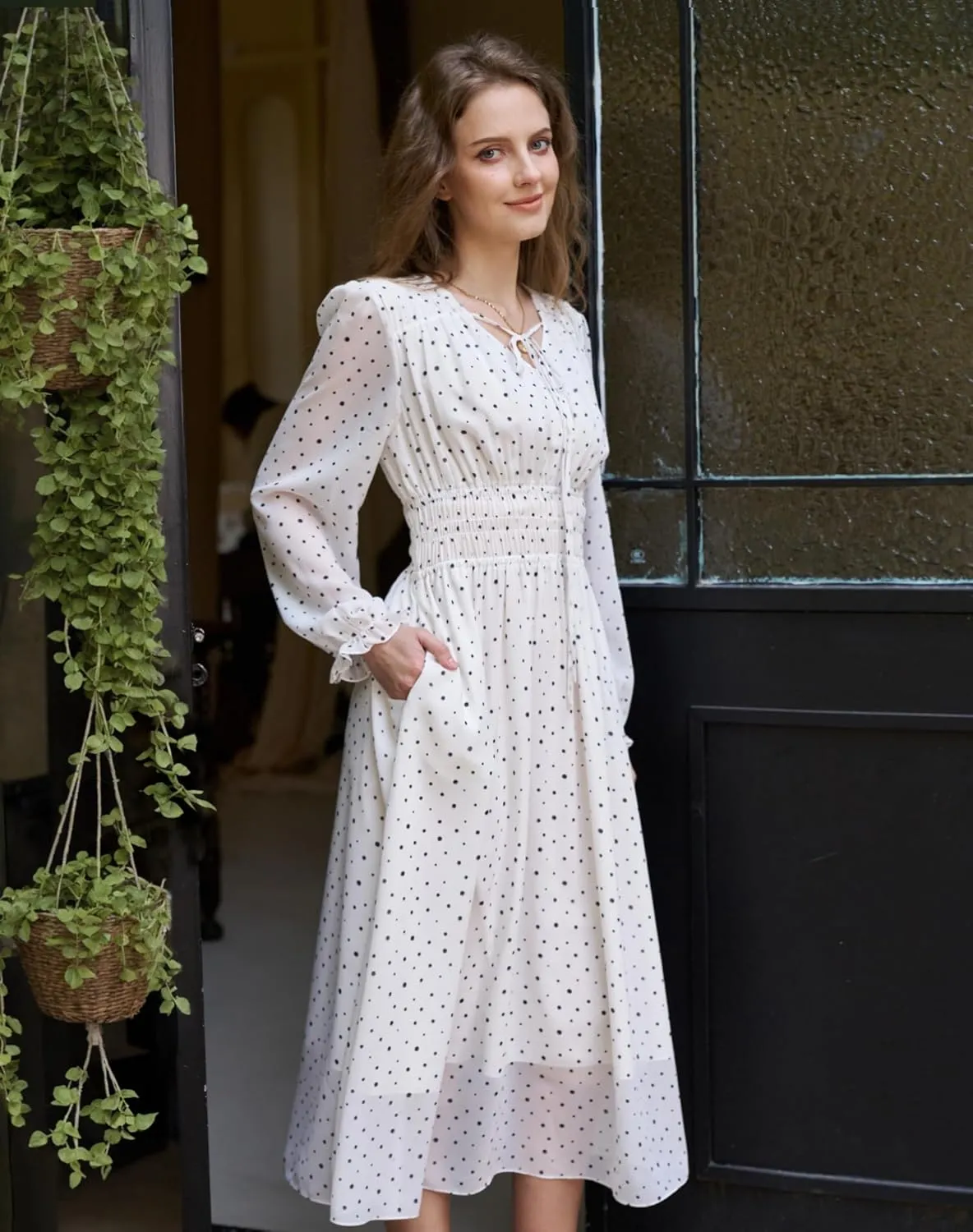 Women's Chiffon Long Sleeve Flowy Dress Spring 2025 Casual V Neck Smocked Waist Midi Dresses with Pockets