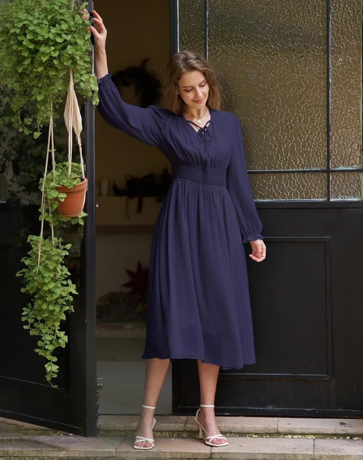 Women's Chiffon Long Sleeve Flowy Dress Spring 2025 Casual V Neck Smocked Waist Midi Dresses with Pockets