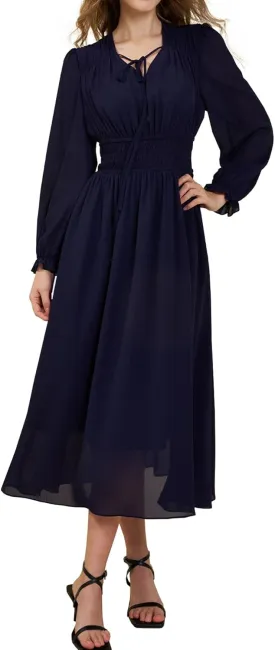 Women's Chiffon Long Sleeve Flowy Dress Spring 2025 Casual V Neck Smocked Waist Midi Dresses with Pockets