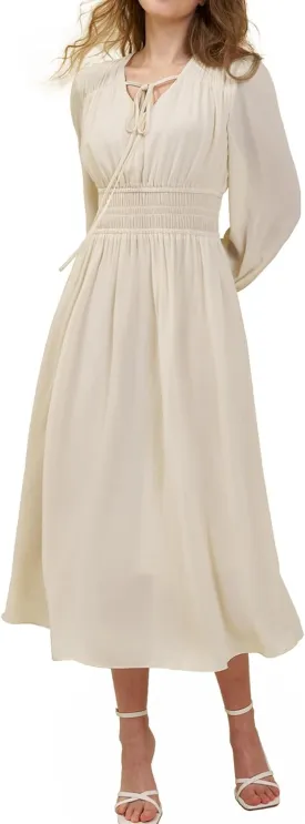 Women's Chiffon Long Sleeve Flowy Dress Spring 2025 Casual V Neck Smocked Waist Midi Dresses with Pockets