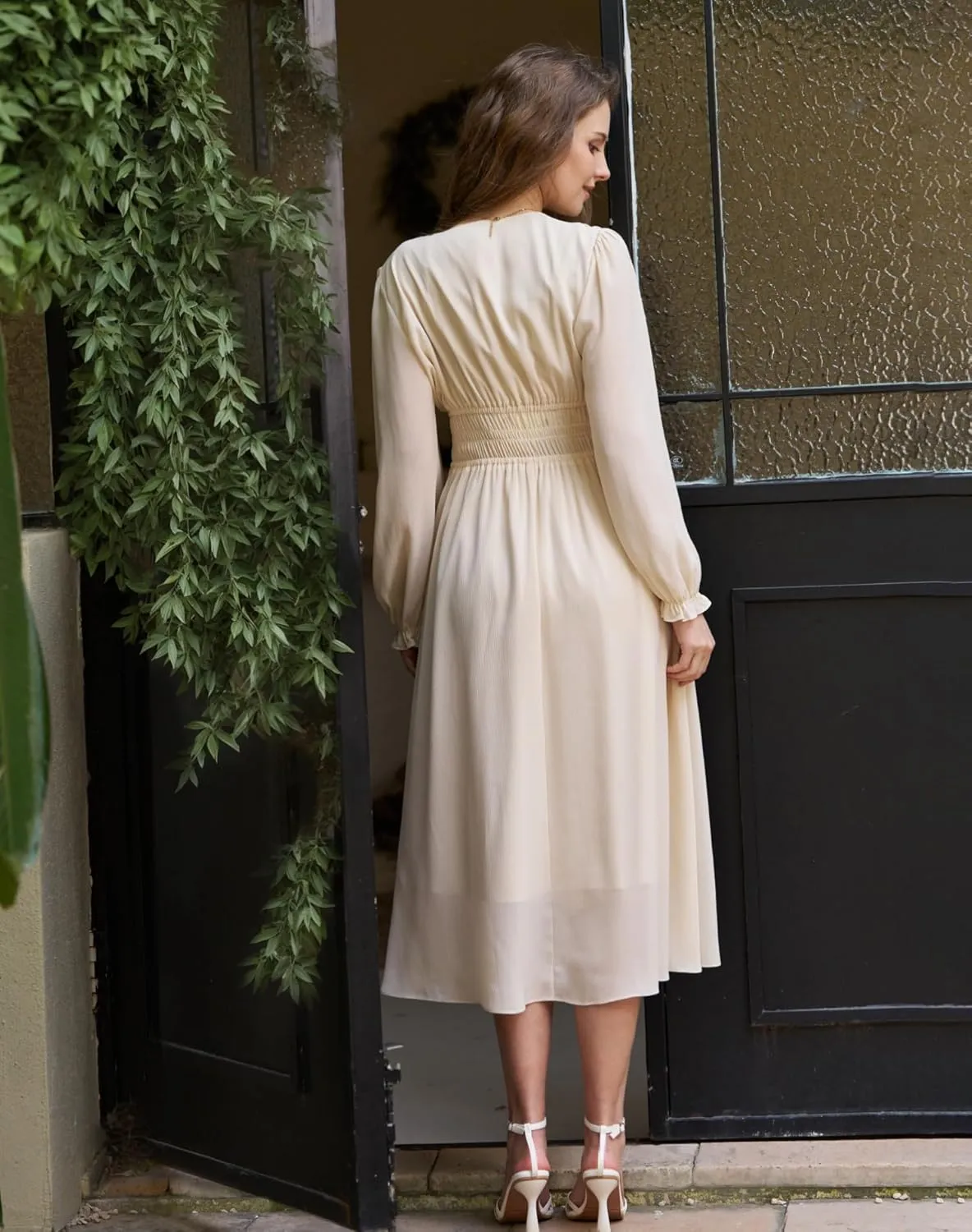 Women's Chiffon Long Sleeve Flowy Dress Spring 2025 Casual V Neck Smocked Waist Midi Dresses with Pockets