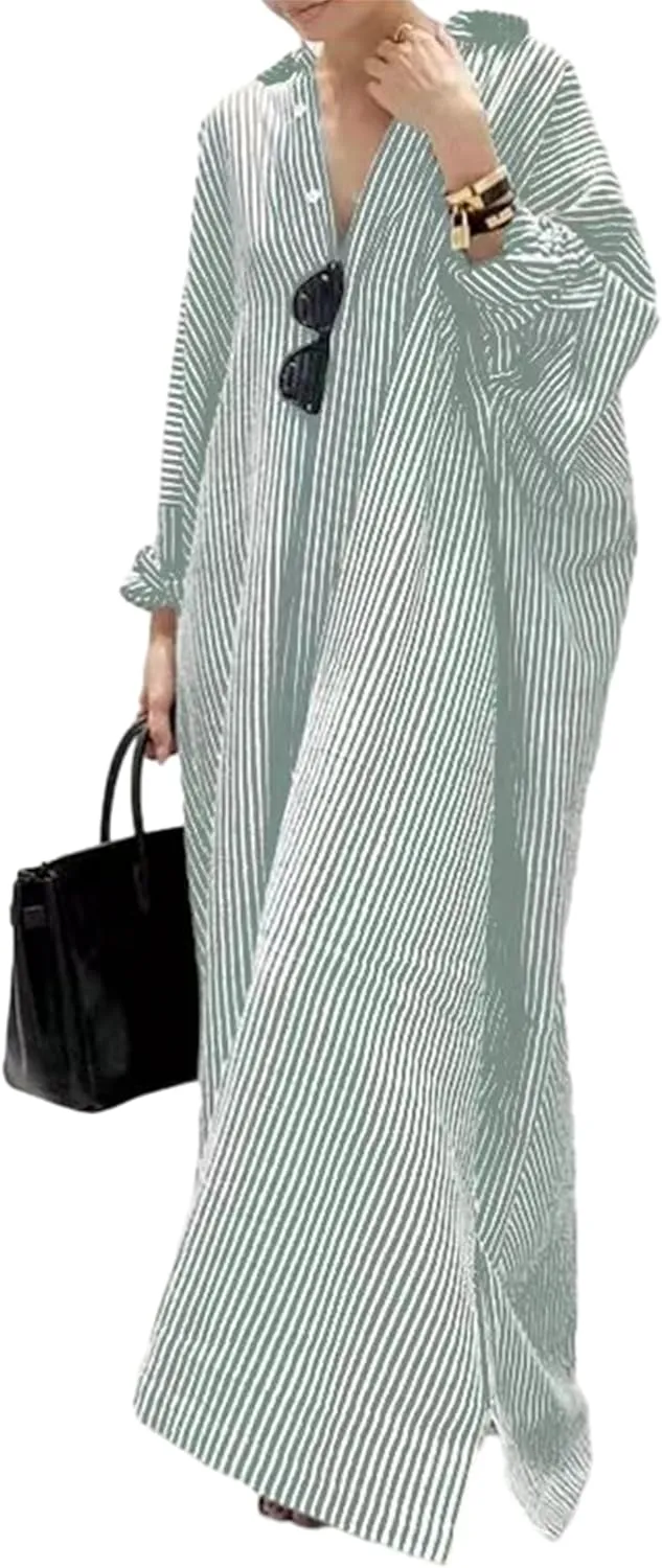 Womens Cotton Linen Striped Shirt Dress Casual Loose V Neck Button Down Dresses Long Sleeve Maxi Dresses