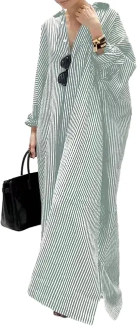 Womens Cotton Linen Striped Shirt Dress Casual Loose V Neck Button Down Dresses Long Sleeve Maxi Dresses