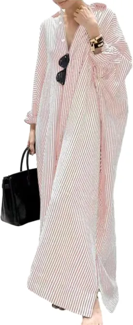 Womens Cotton Linen Striped Shirt Dress Casual Loose V Neck Button Down Dresses Long Sleeve Maxi Dresses