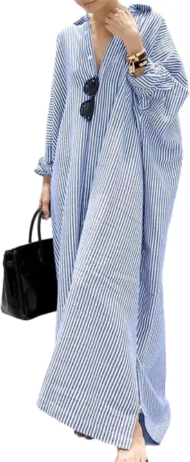 Womens Cotton Linen Striped Shirt Dress Casual Loose V Neck Button Down Dresses Long Sleeve Maxi Dresses