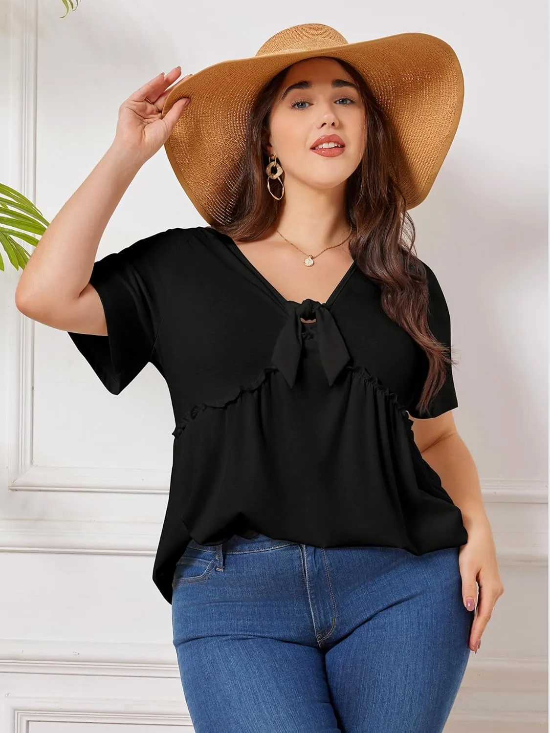 Womens Plus Size Tops Short Sleeve Tunic Wrap Top Cute Peplum Blouse Dressy Casual 1X-5X