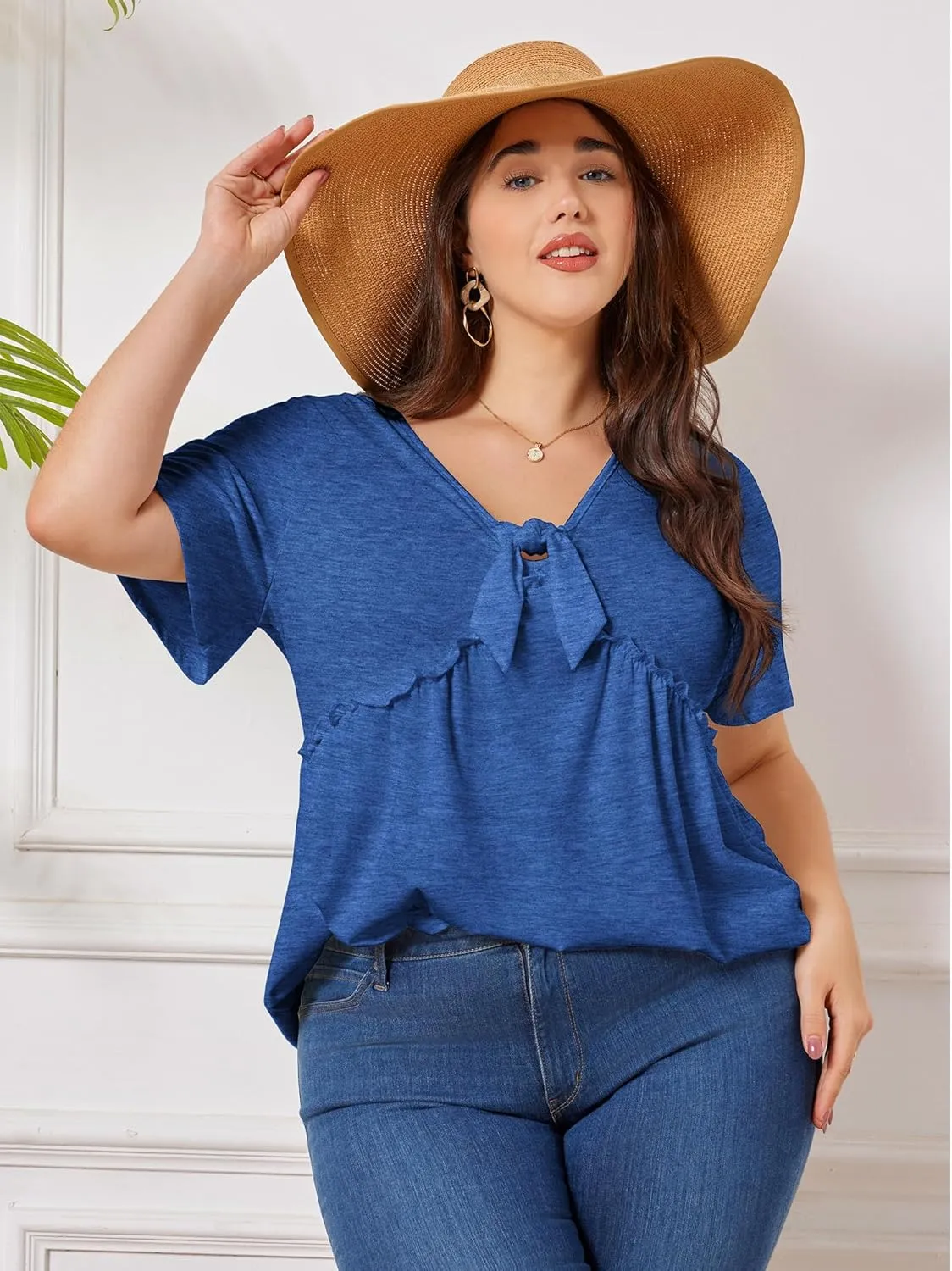 Womens Plus Size Tops Short Sleeve Tunic Wrap Top Cute Peplum Blouse Dressy Casual 1X-5X