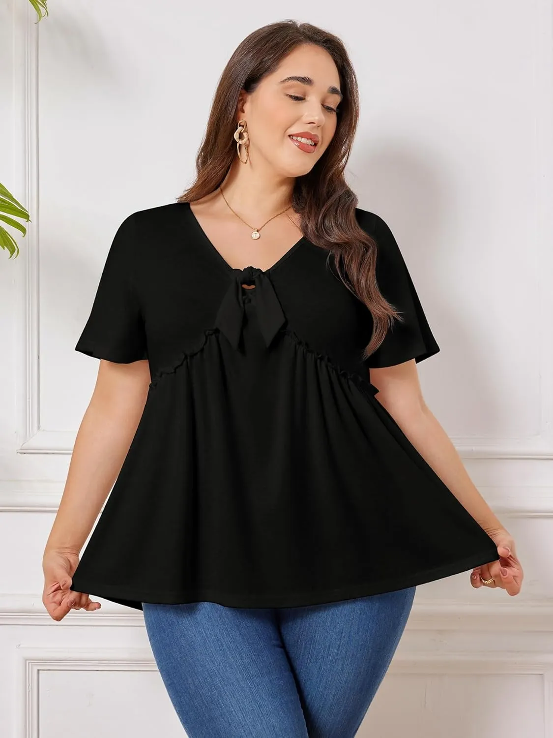 Womens Plus Size Tops Short Sleeve Tunic Wrap Top Cute Peplum Blouse Dressy Casual 1X-5X