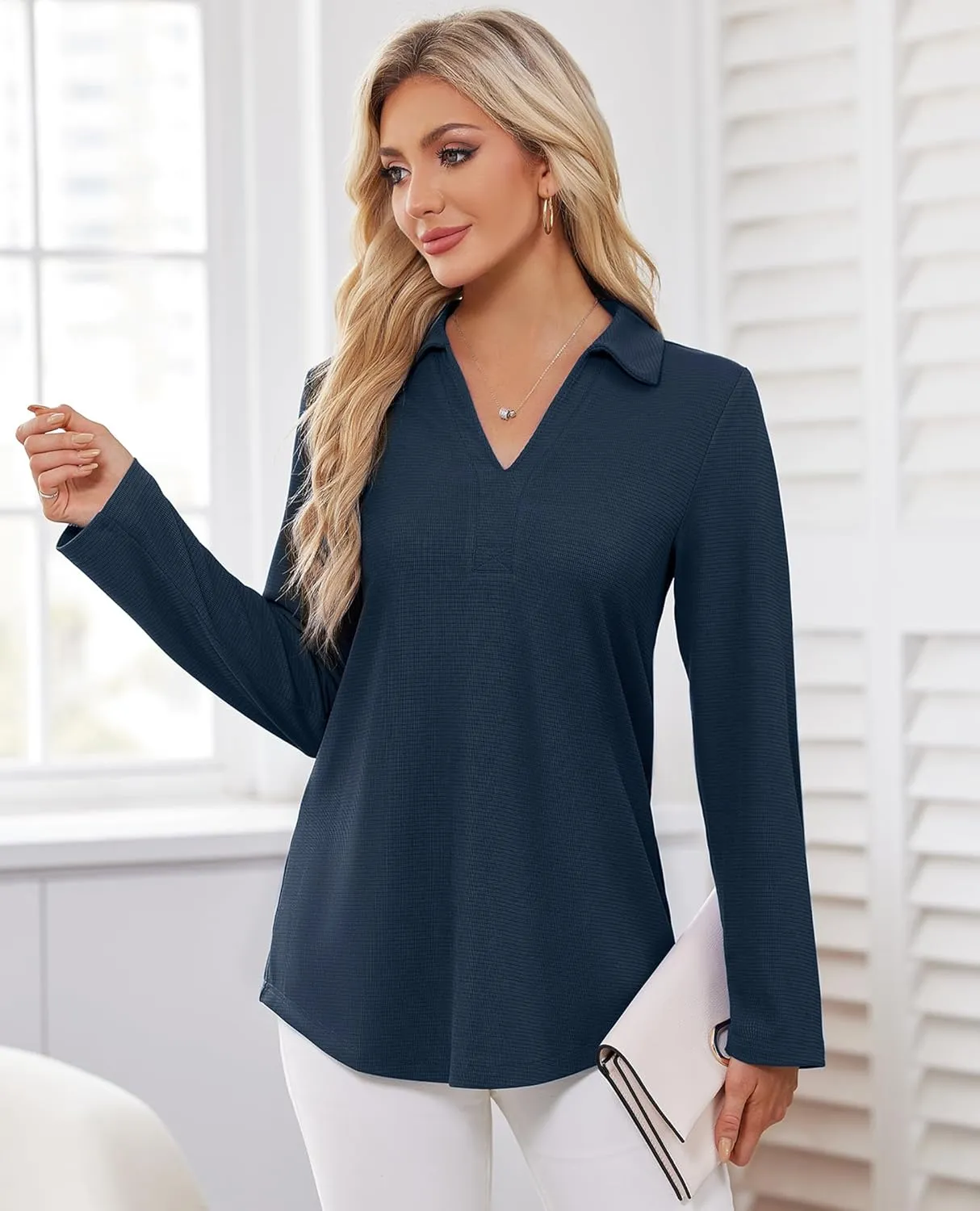 Women's Polo Shirts Collared V Neck Work Tops Long Sleeve Business Casual Dressy Blouses Textured Ribbed Tunic