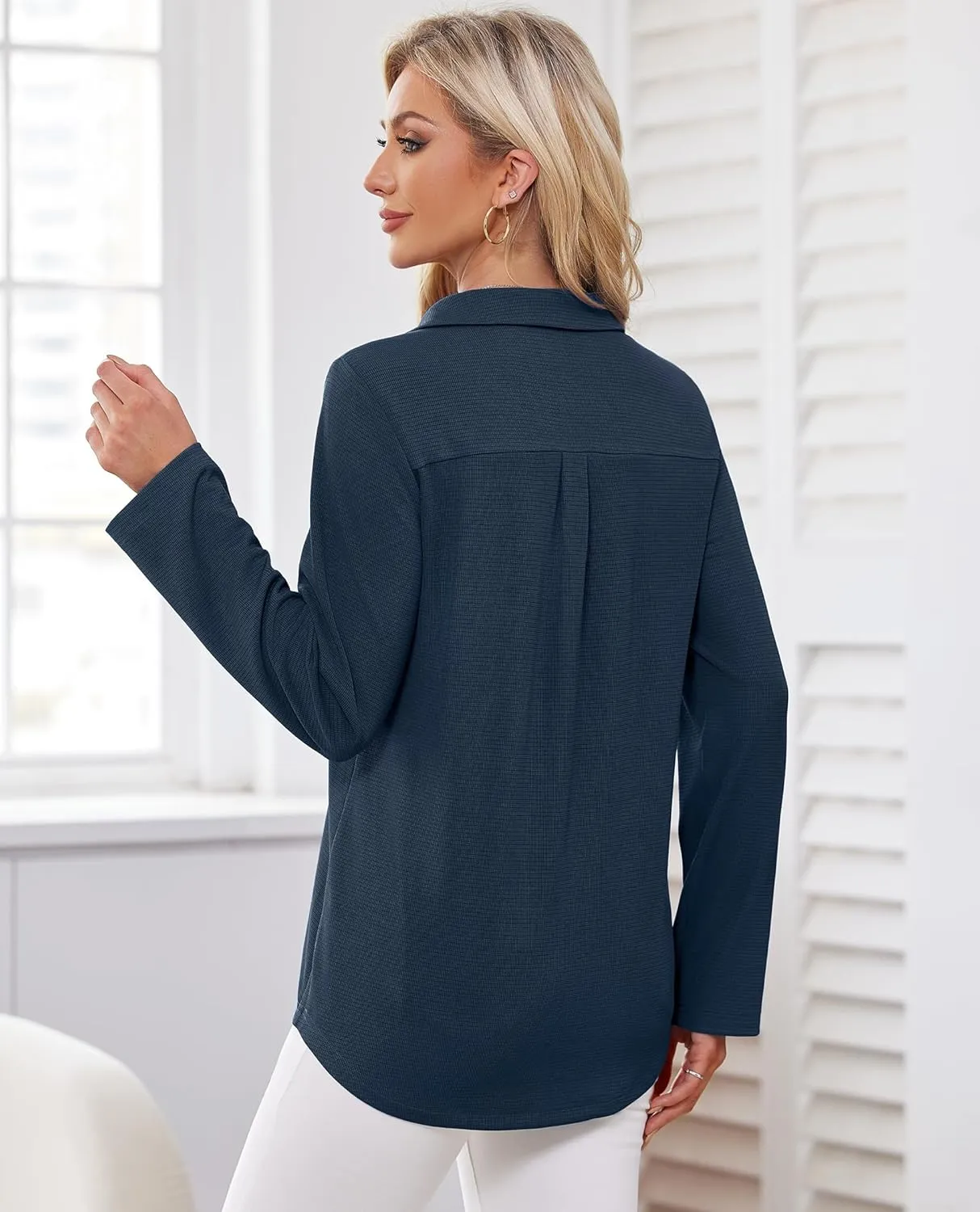 Women's Polo Shirts Collared V Neck Work Tops Long Sleeve Business Casual Dressy Blouses Textured Ribbed Tunic