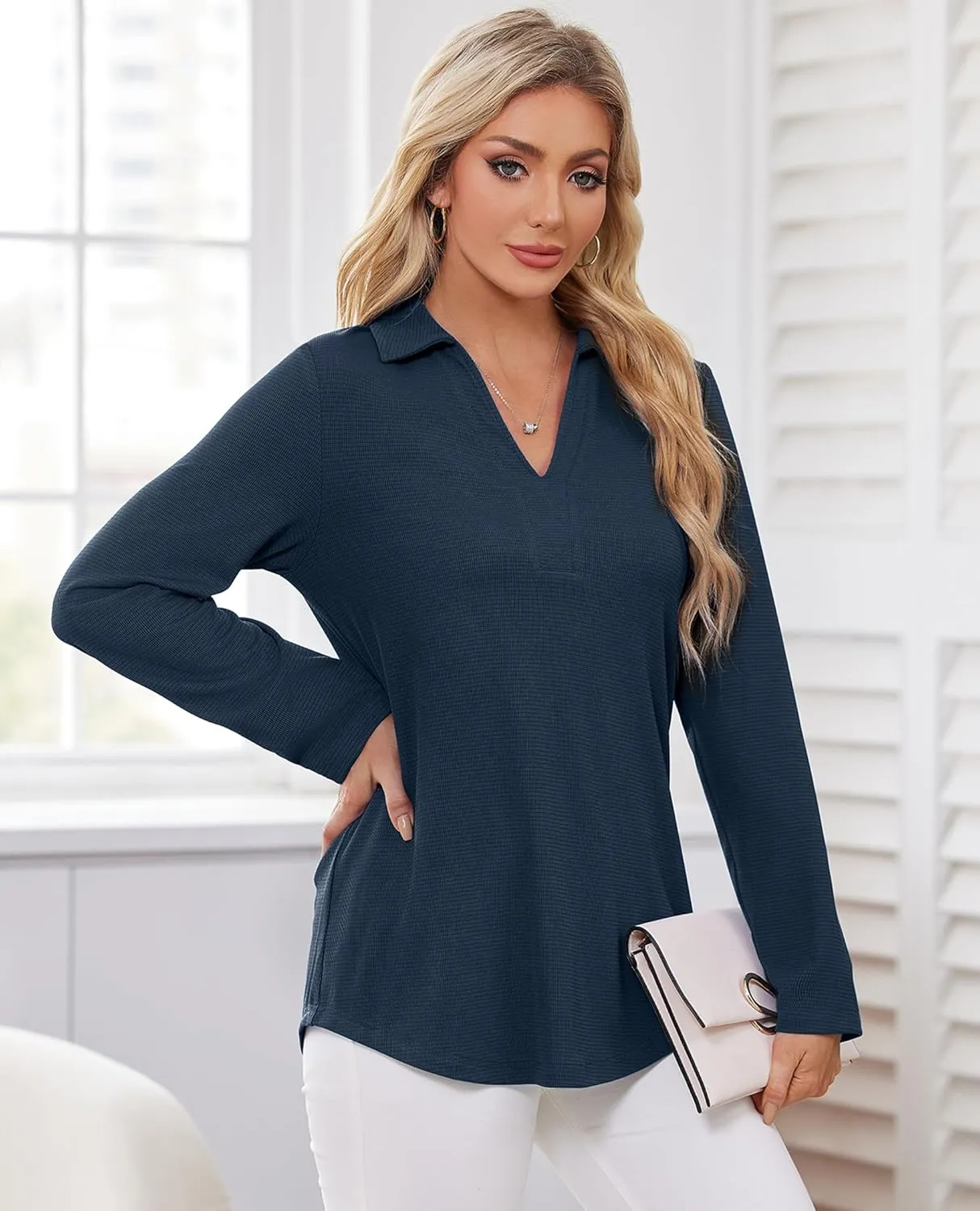 Women's Polo Shirts Collared V Neck Work Tops Long Sleeve Business Casual Dressy Blouses Textured Ribbed Tunic