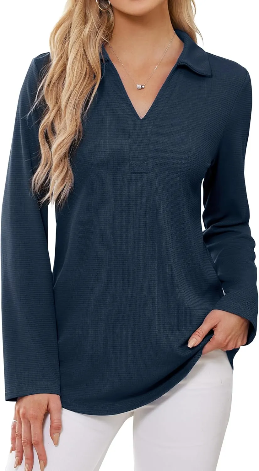 Women's Polo Shirts Collared V Neck Work Tops Long Sleeve Business Casual Dressy Blouses Textured Ribbed Tunic