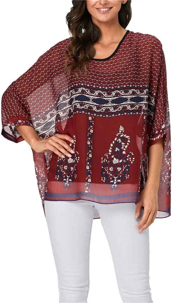 Womens Summer Printed Batwing Sleeve Top Chiffon Poncho Casual Loose Sheer Blouse Shirt