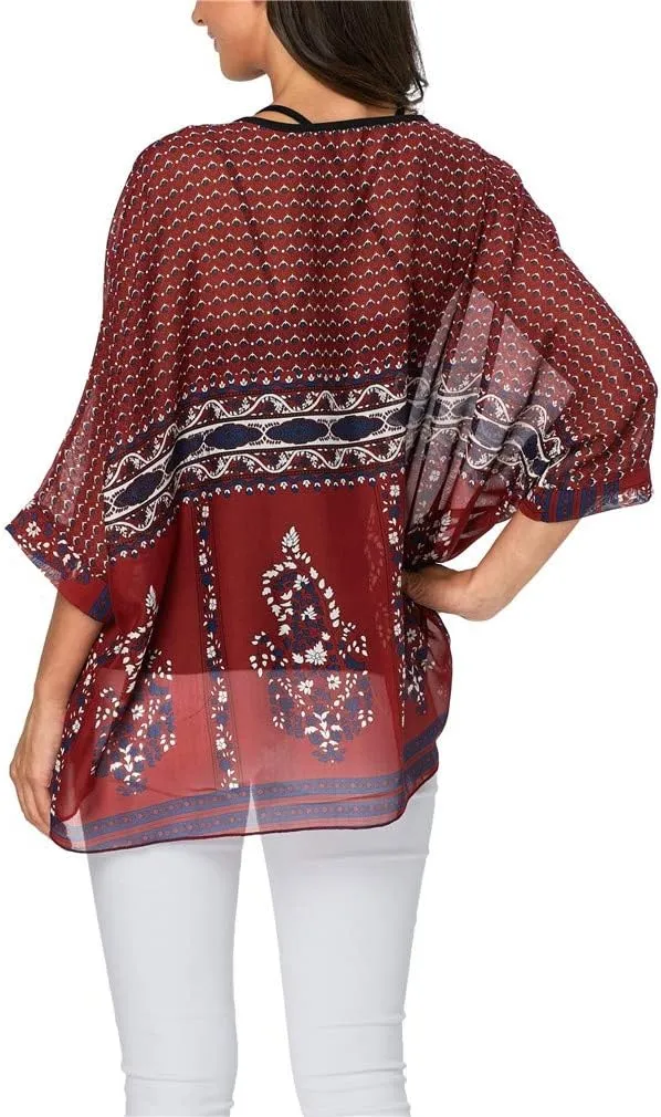 Womens Summer Printed Batwing Sleeve Top Chiffon Poncho Casual Loose Sheer Blouse Shirt
