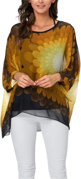 Womens Summer Printed Batwing Sleeve Top Chiffon Poncho Casual Loose Sheer Blouse Shirt