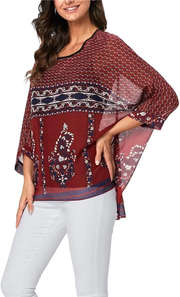 Womens Summer Printed Batwing Sleeve Top Chiffon Poncho Casual Loose Sheer Blouse Shirt