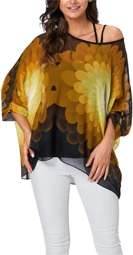 Womens Summer Printed Batwing Sleeve Top Chiffon Poncho Casual Loose Sheer Blouse Shirt