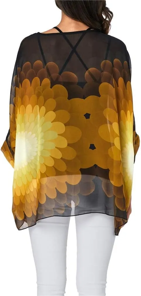 Womens Summer Printed Batwing Sleeve Top Chiffon Poncho Casual Loose Sheer Blouse Shirt