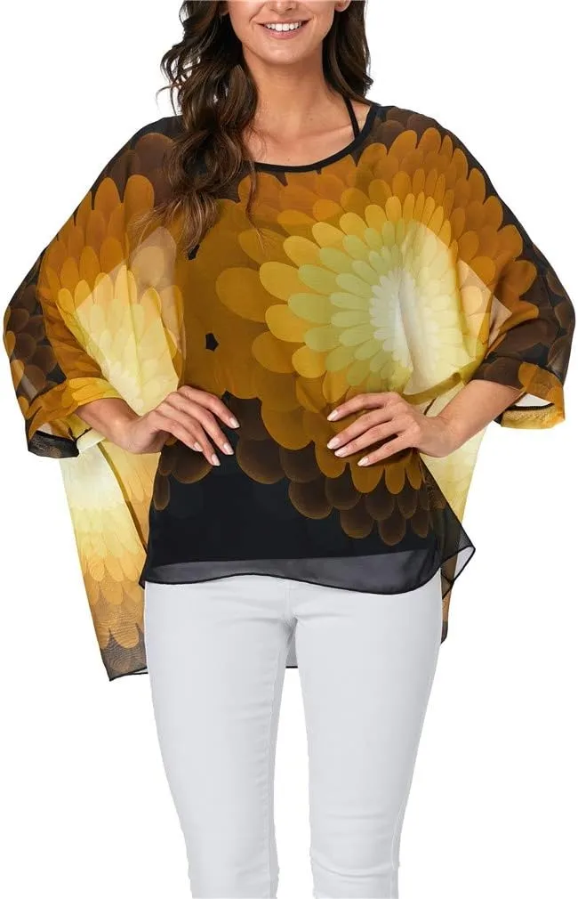 Womens Summer Printed Batwing Sleeve Top Chiffon Poncho Casual Loose Sheer Blouse Shirt