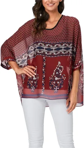 Womens Summer Printed Batwing Sleeve Top Chiffon Poncho Casual Loose Sheer Blouse Shirt