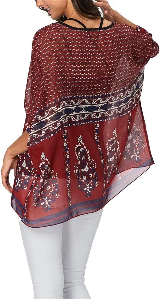 Womens Summer Printed Batwing Sleeve Top Chiffon Poncho Casual Loose Sheer Blouse Shirt