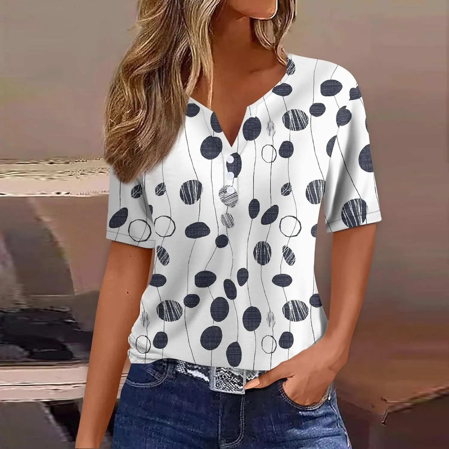 Women'S T-Shirts Button Down Tunic Tops Short Sleeve Floral Blouse Henley V Neck Summer Clothes