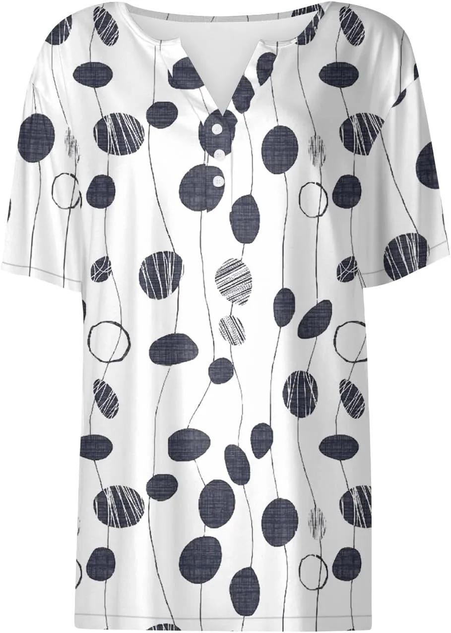 Women'S T-Shirts Button Down Tunic Tops Short Sleeve Floral Blouse Henley V Neck Summer Clothes