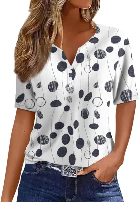 Women'S T-Shirts Button Down Tunic Tops Short Sleeve Floral Blouse Henley V Neck Summer Clothes