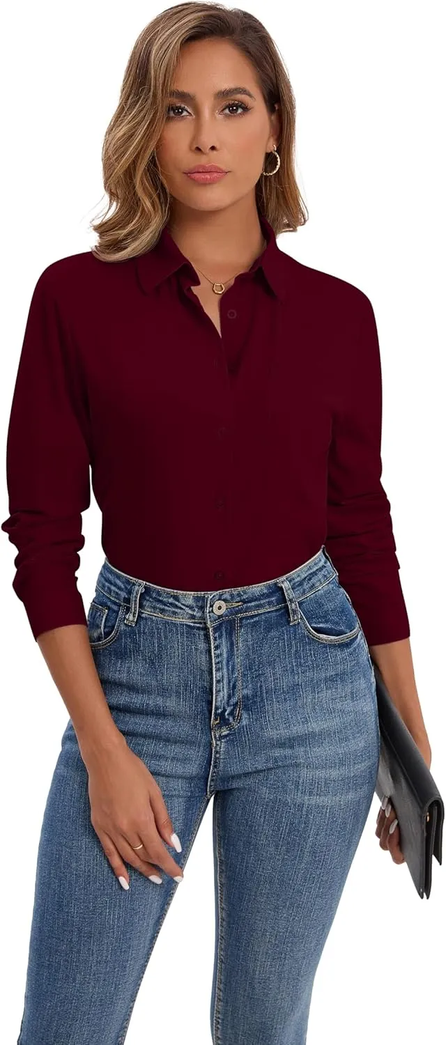 Wrinkle Free Striped Button Down Shirts Women Collared Long Sleeve Blouses Business Work Tops with Pocket