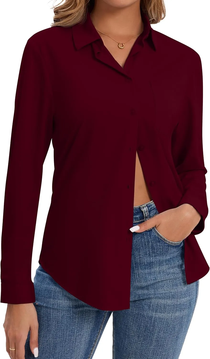 Wrinkle Free Striped Button Down Shirts Women Collared Long Sleeve Blouses Business Work Tops with Pocket