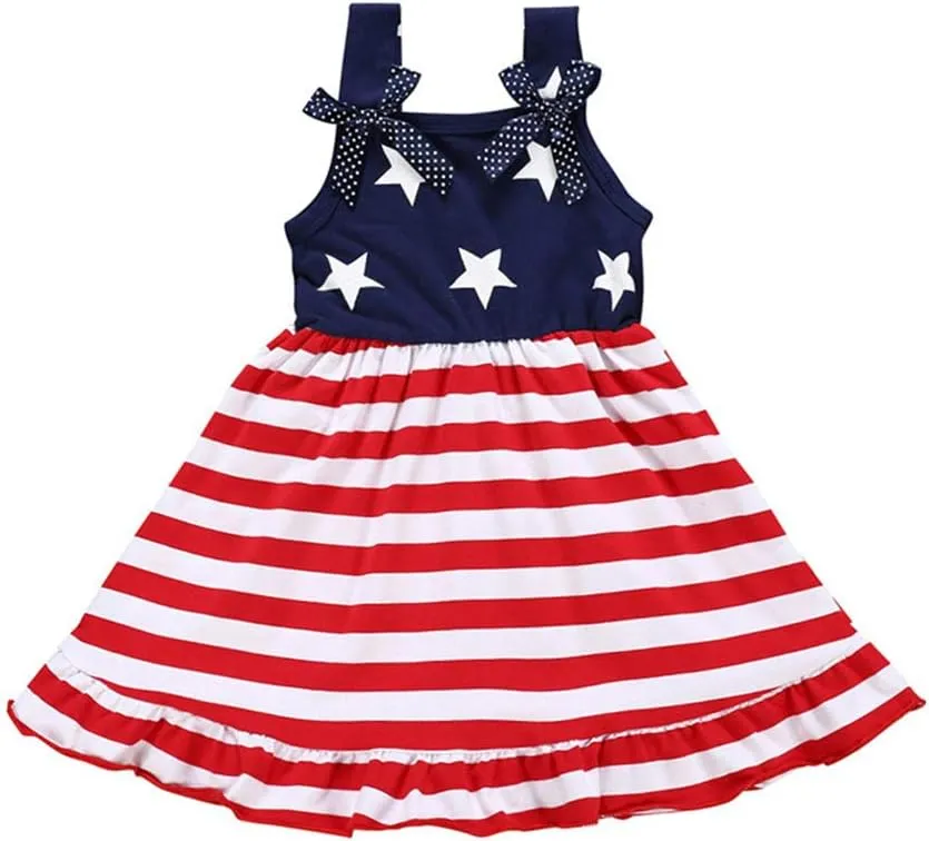 XFGLCK Toddler Kids Baby Girls 4th of July Dress Ruffle Stars Stripe Bowknot Skirt Flag Pattern Summer Outfits