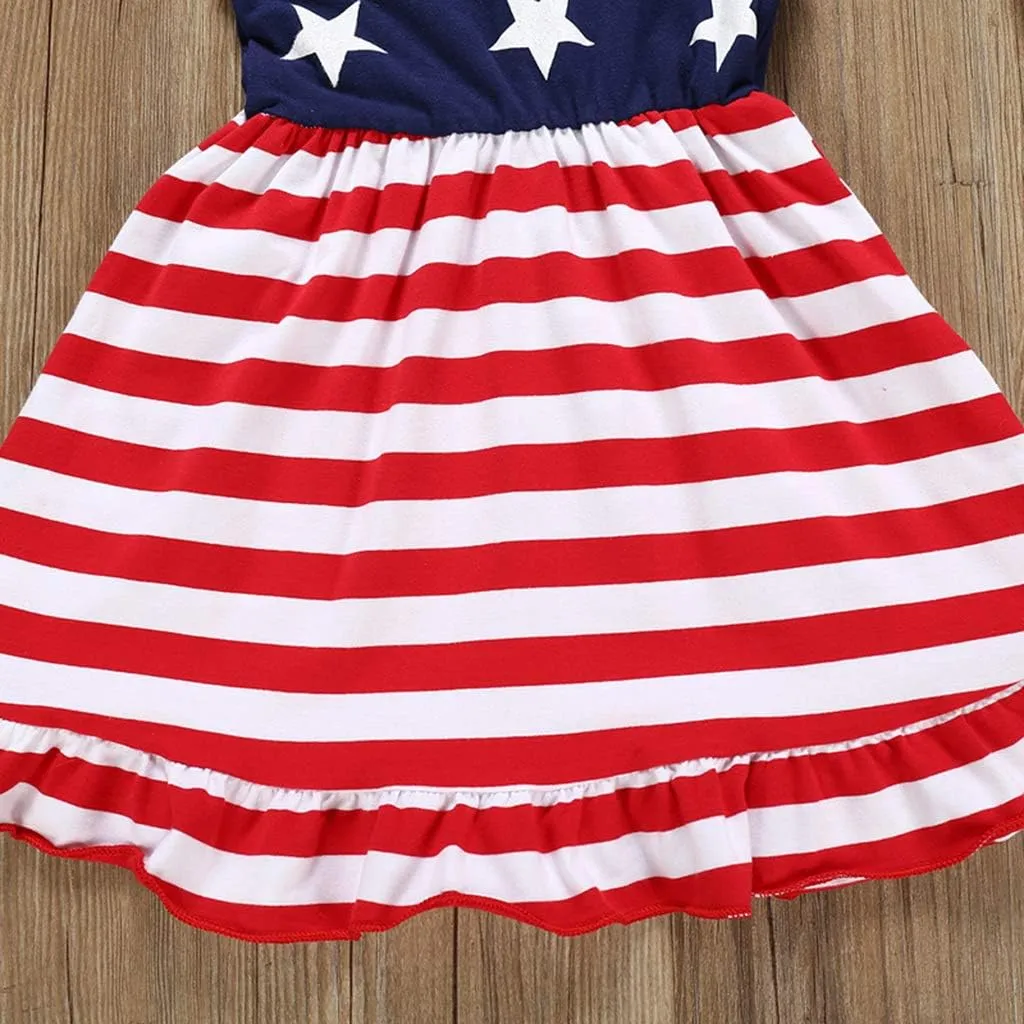 XFGLCK Toddler Kids Baby Girls 4th of July Dress Ruffle Stars Stripe Bowknot Skirt Flag Pattern Summer Outfits