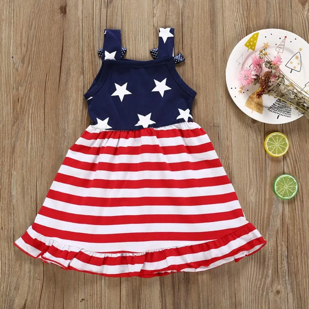 XFGLCK Toddler Kids Baby Girls 4th of July Dress Ruffle Stars Stripe Bowknot Skirt Flag Pattern Summer Outfits