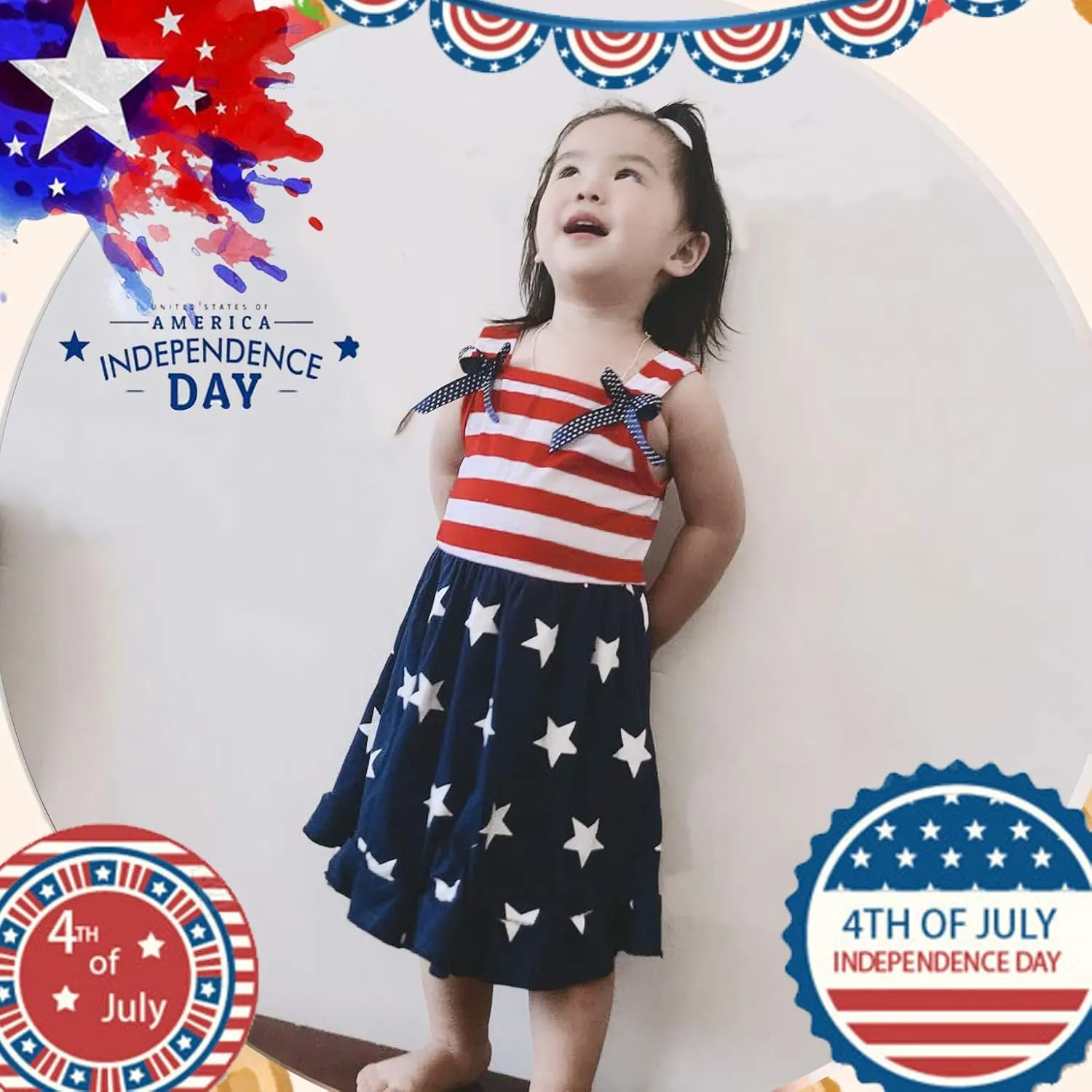 XFGLCK Toddler Kids Baby Girls 4th of July Dress Ruffle Stars Stripe Bowknot Skirt Flag Pattern Summer Outfits