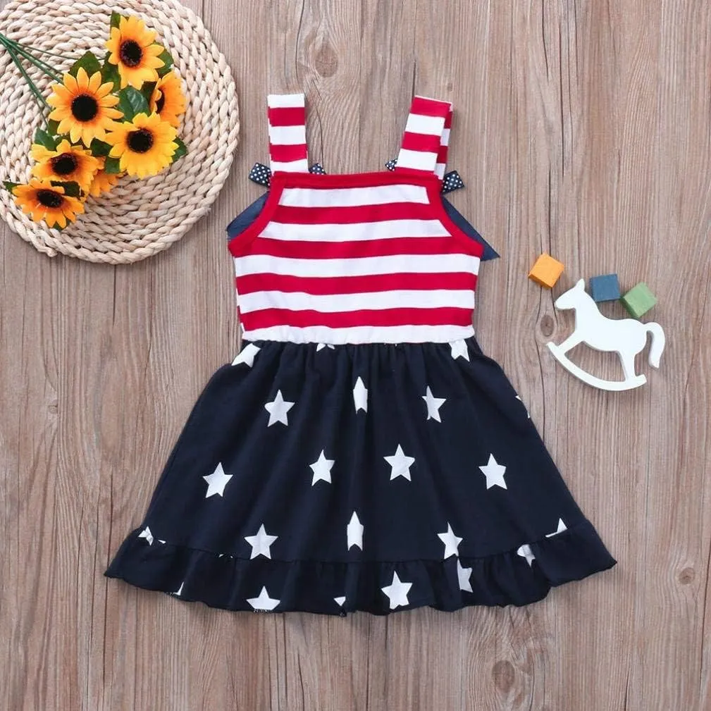 XFGLCK Toddler Kids Baby Girls 4th of July Dress Ruffle Stars Stripe Bowknot Skirt Flag Pattern Summer Outfits