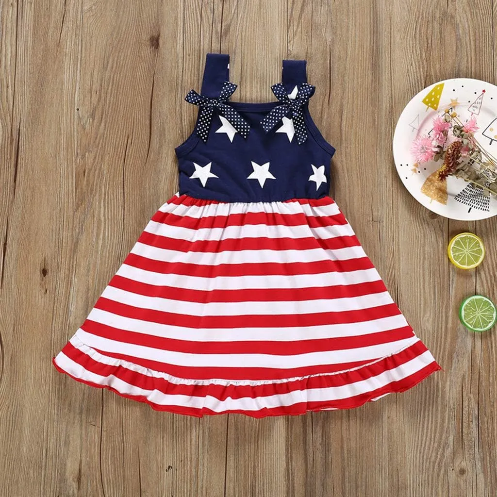 XFGLCK Toddler Kids Baby Girls 4th of July Dress Ruffle Stars Stripe Bowknot Skirt Flag Pattern Summer Outfits
