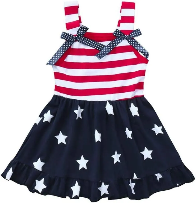 XFGLCK Toddler Kids Baby Girls 4th of July Dress Ruffle Stars Stripe Bowknot Skirt Flag Pattern Summer Outfits