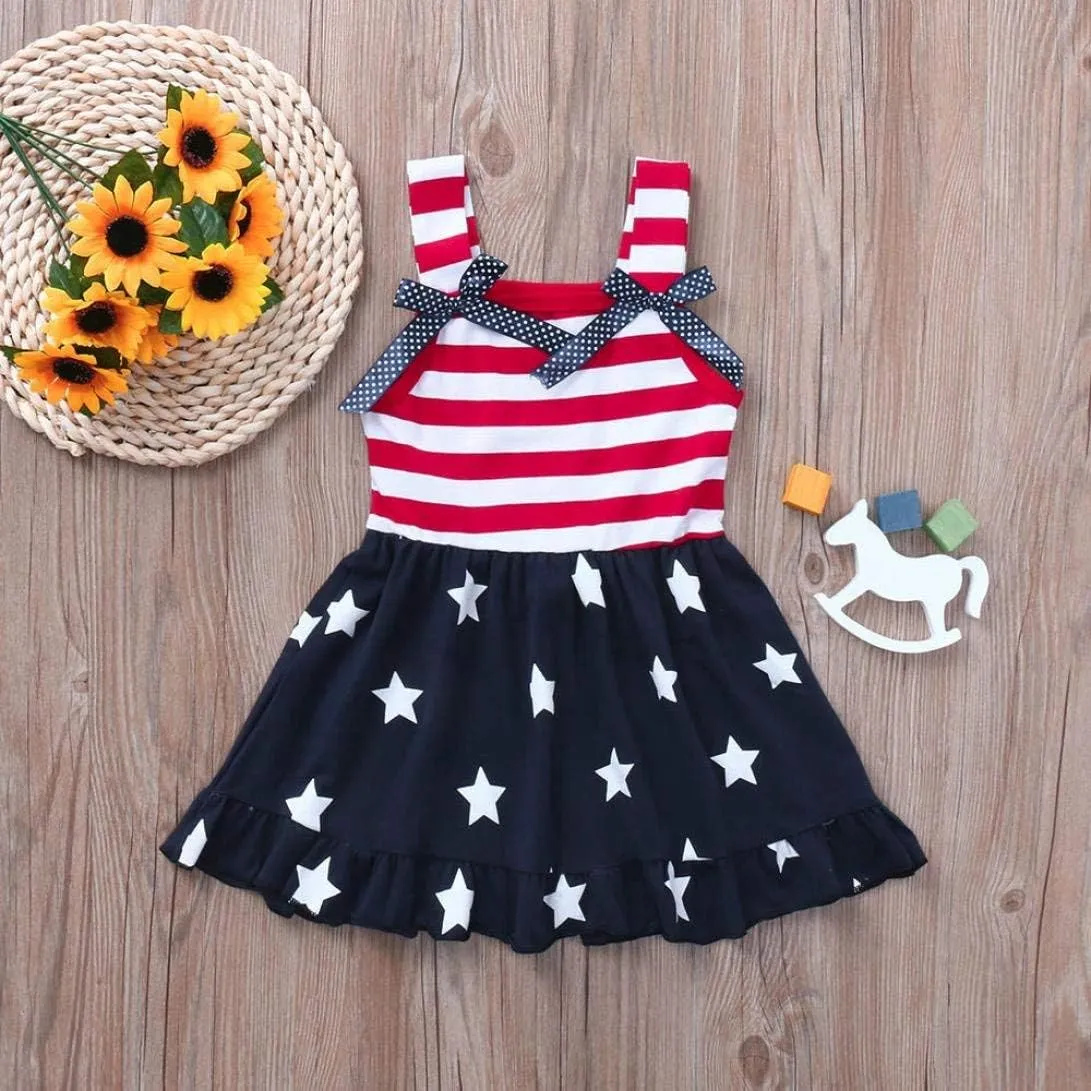 XFGLCK Toddler Kids Baby Girls 4th of July Dress Ruffle Stars Stripe Bowknot Skirt Flag Pattern Summer Outfits