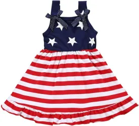 XFGLCK Toddler Kids Baby Girls 4th of July Dress Ruffle Stars Stripe Bowknot Skirt Flag Pattern Summer Outfits
