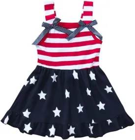 XFGLCK Toddler Kids Baby Girls 4th of July Dress Ruffle Stars Stripe Bowknot Skirt Flag Pattern Summer Outfits